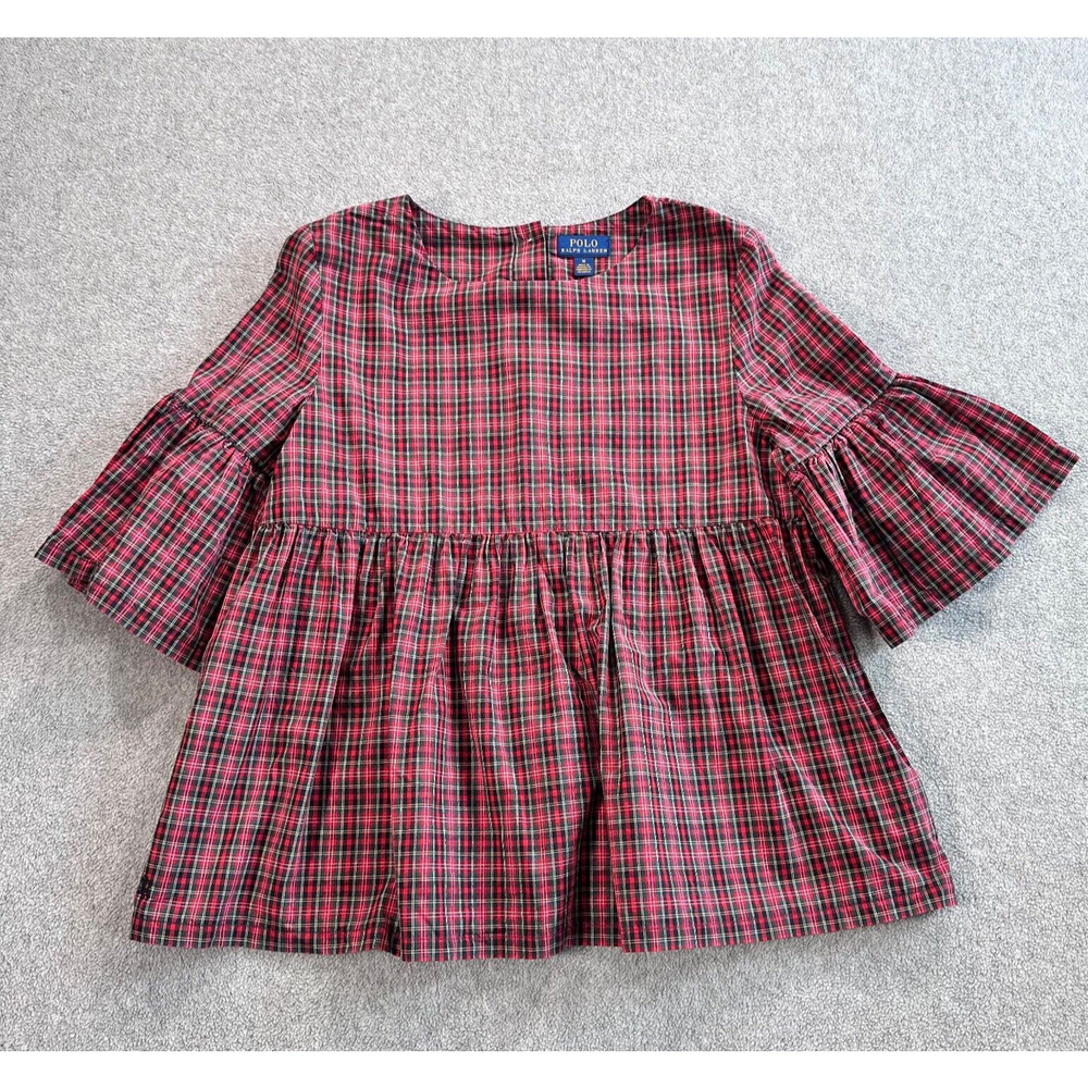 Polo Ralph Lauren Girls Peplum Top Size 16 Red Plaid Bell Sleeves Holiday Button
